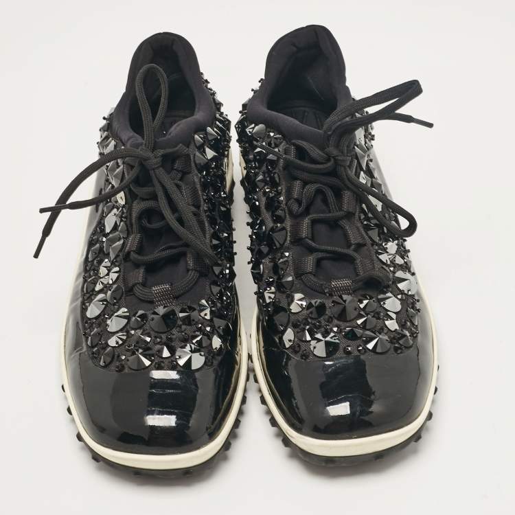 Pre Owned Miu Miu Black Fabric and Patent Lace Up Sneakers Size 38.5