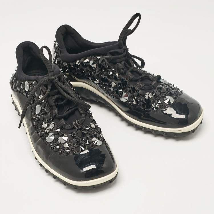 Pre Owned Miu Miu Black Fabric and Patent Lace Up Sneakers Size 38.5
