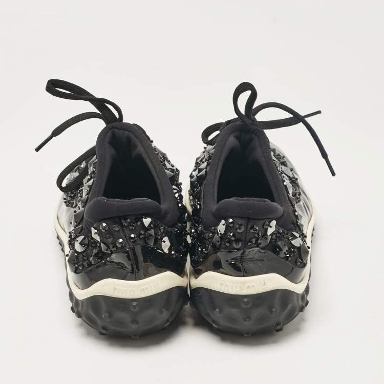 Pre Owned Miu Miu Black Fabric and Patent Lace Up Sneakers Size 38.5
