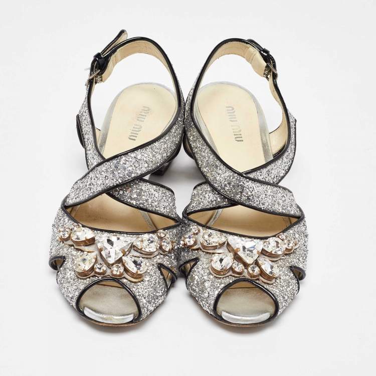 Pre Owned Miu Miu Silver Glitter and Patent Leather Embellished Ankle Strap Sandals Size 36