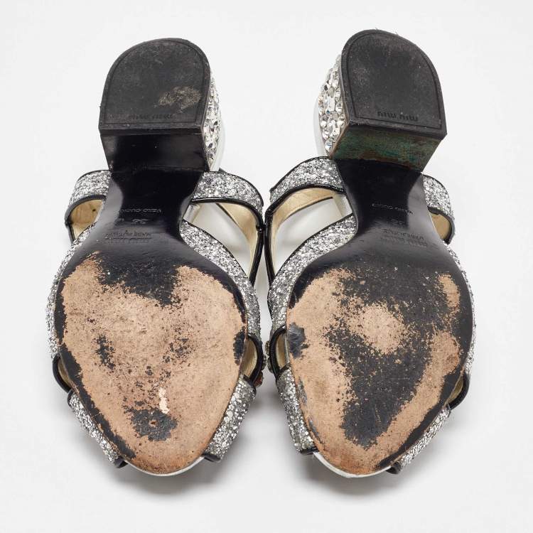 Pre Owned Miu Miu Silver Glitter and Patent Leather Embellished Ankle Strap Sandals Size 36