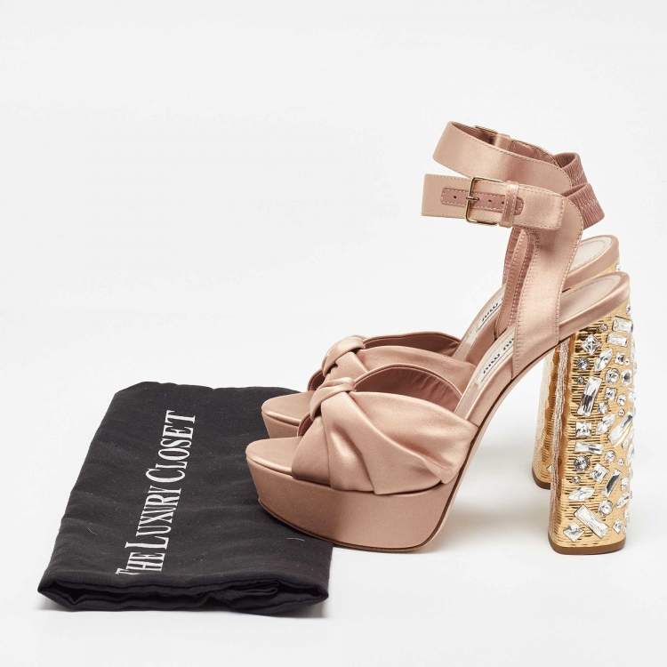 Pre Owned Miu Miu Beige Satin Crystal Embellished Block Heel Platform Ankle Strap Sandals Size 36