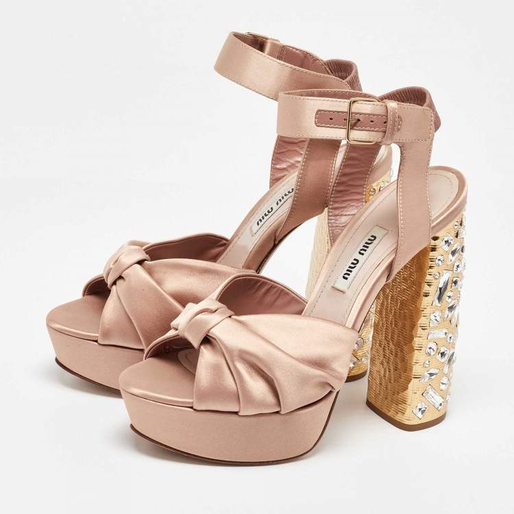 Pre Owned Miu Miu Beige Satin Crystal Embellished Block Heel Platform Ankle Strap Sandals Size 36