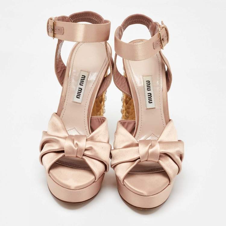 Pre Owned Miu Miu Beige Satin Crystal Embellished Block Heel Platform Ankle Strap Sandals Size 36