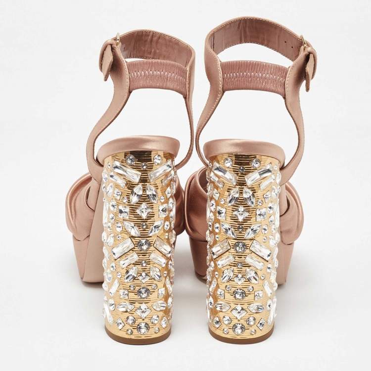 Pre Owned Miu Miu Beige Satin Crystal Embellished Block Heel Platform Ankle Strap Sandals Size 36