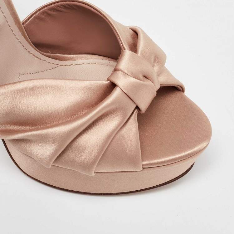 Pre Owned Miu Miu Beige Satin Crystal Embellished Block Heel Platform Ankle Strap Sandals Size 36