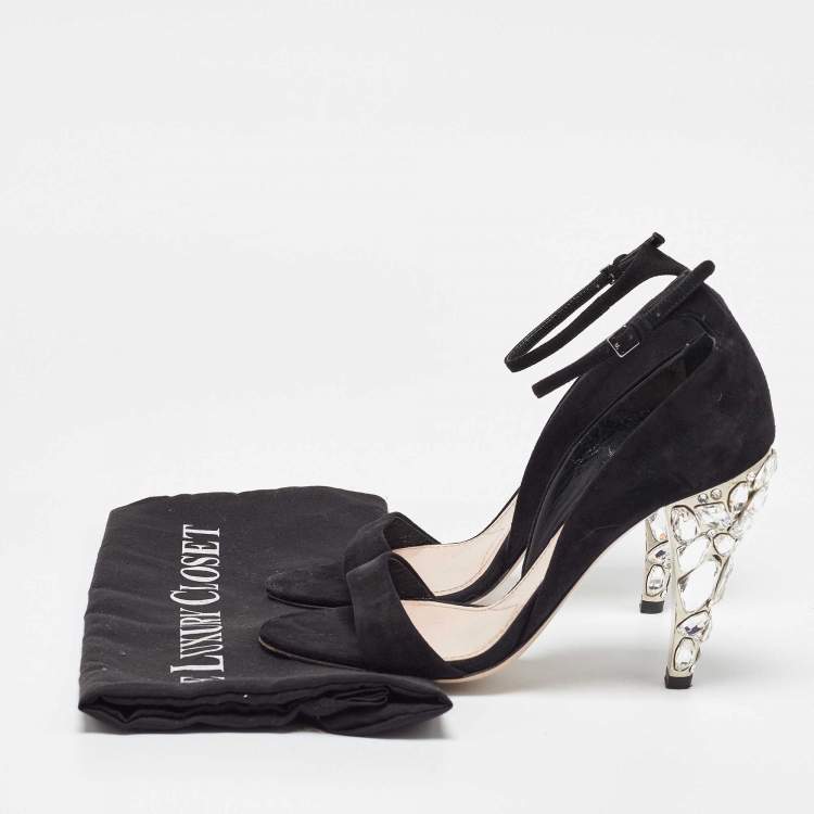 Pre Owned Miu Miu Black Suede Crystal Embellished Ankle Strap Sandals Size 36