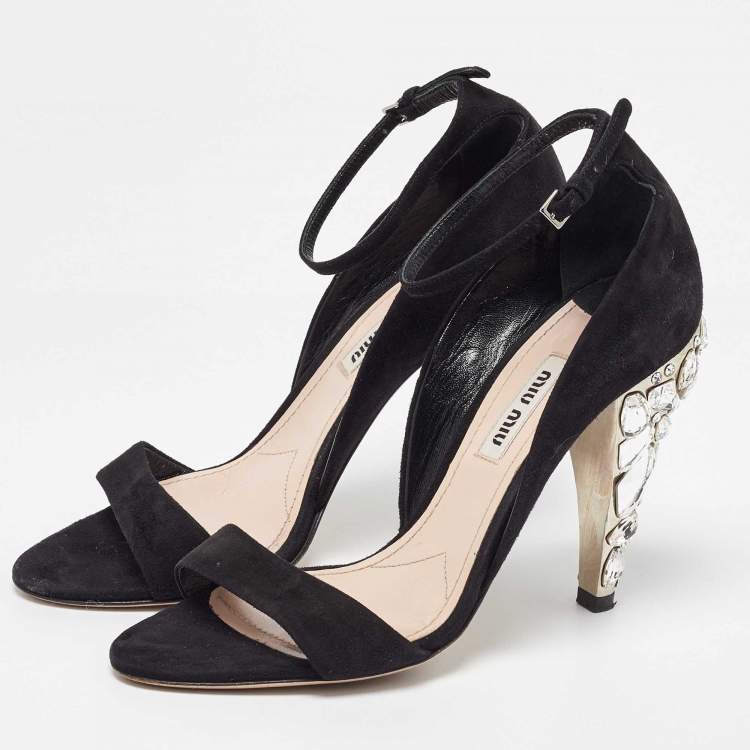 Pre Owned Miu Miu Black Suede Crystal Embellished Ankle Strap Sandals Size 36