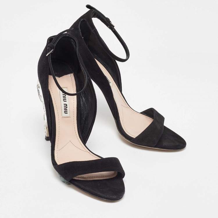 Pre Owned Miu Miu Black Suede Crystal Embellished Ankle Strap Sandals Size 36