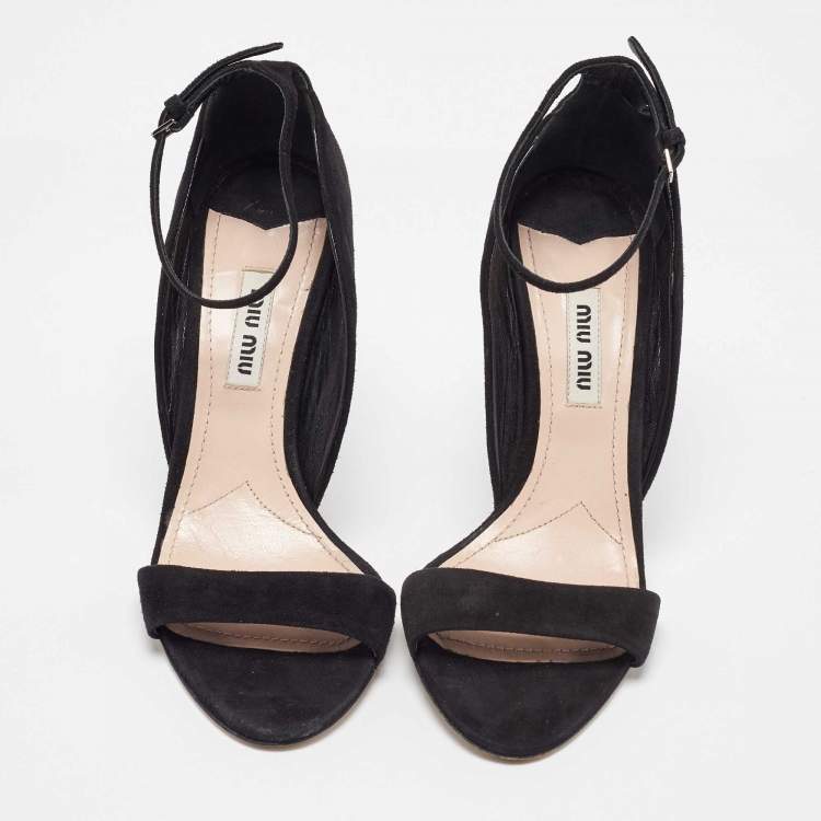 Pre Owned Miu Miu Black Suede Crystal Embellished Ankle Strap Sandals Size 36