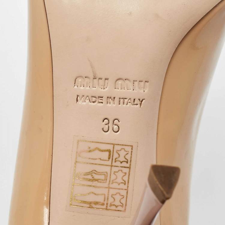 Pre Owned Miu Miu Beige Patent Leather Bow Peep Toe Platform Pumps Size 36