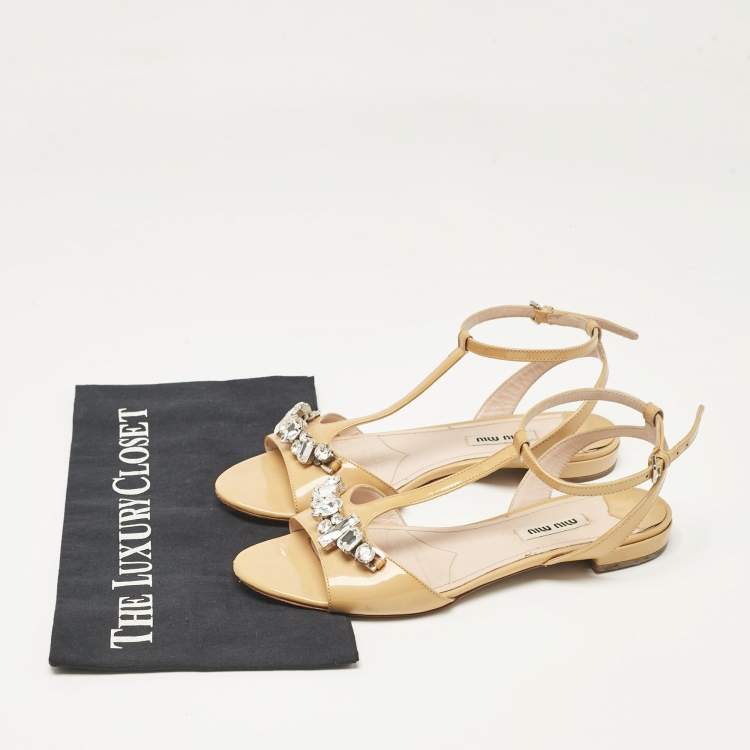 Pre Owned Miu Miu Beige Patent Leather Ankle Strap Sandals Size 37.5