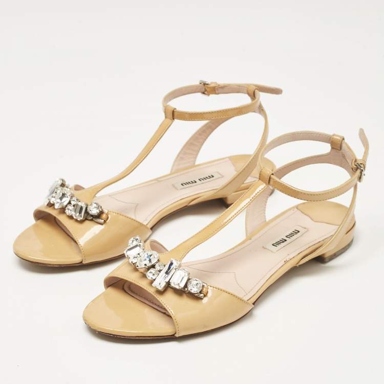 Pre Owned Miu Miu Beige Patent Leather Ankle Strap Sandals Size 37.5