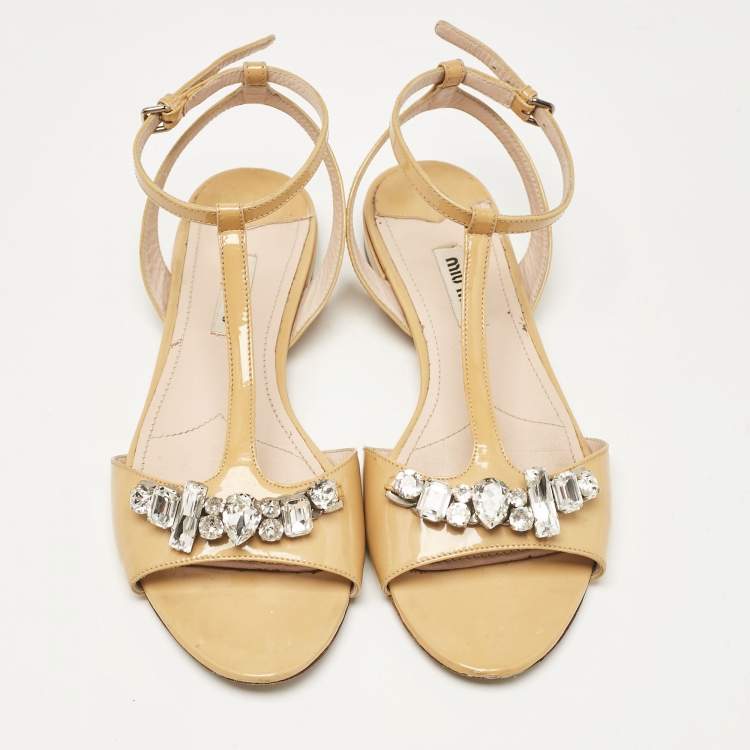 Pre Owned Miu Miu Beige Patent Leather Ankle Strap Sandals Size 37.5