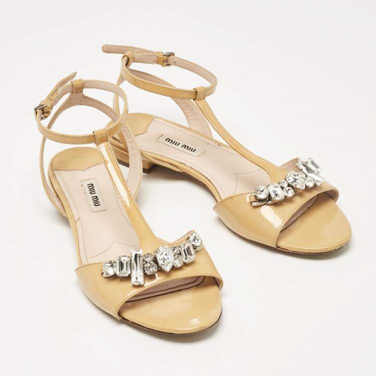 Pre Owned Miu Miu Beige Patent Leather Ankle Strap Sandals Size 37.5