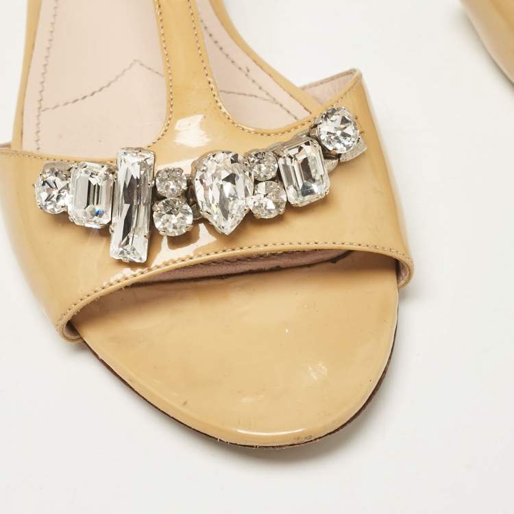 Pre Owned Miu Miu Beige Patent Leather Ankle Strap Sandals Size 37.5