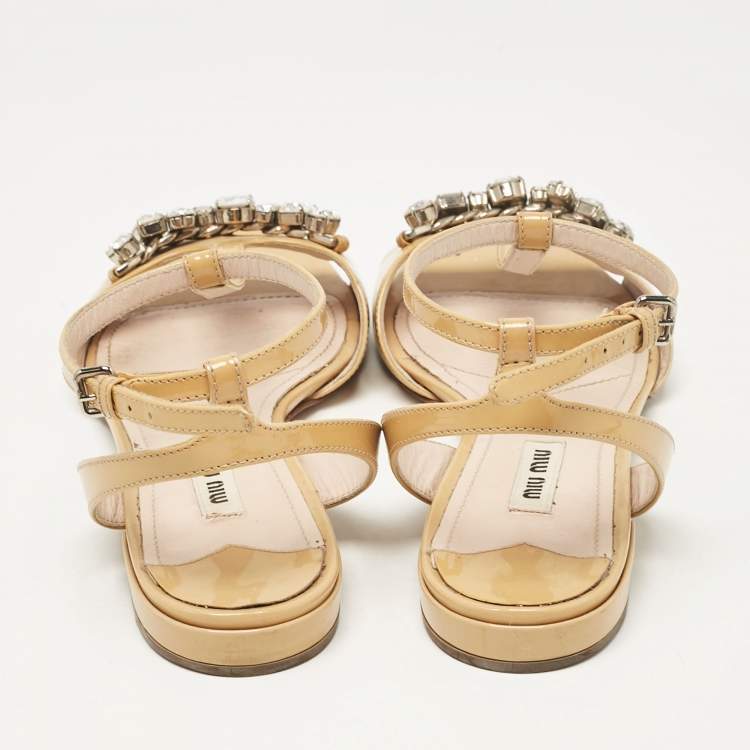 Pre Owned Miu Miu Beige Patent Leather Ankle Strap Sandals Size 37.5