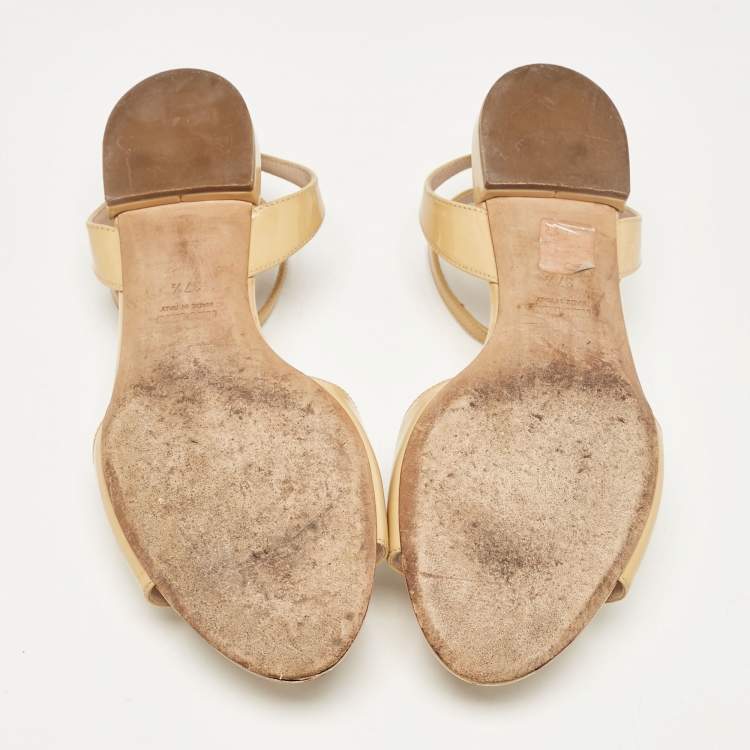 Pre Owned Miu Miu Beige Patent Leather Ankle Strap Sandals Size 37.5