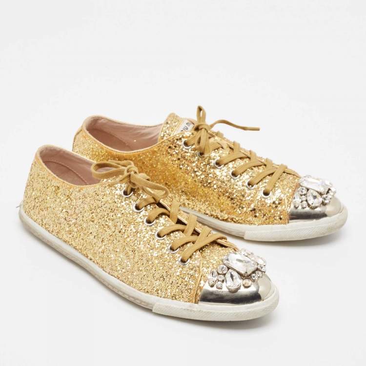Pre Owned Miu Miu Gold Glitter and Leather Low Top Sneakers Size 39