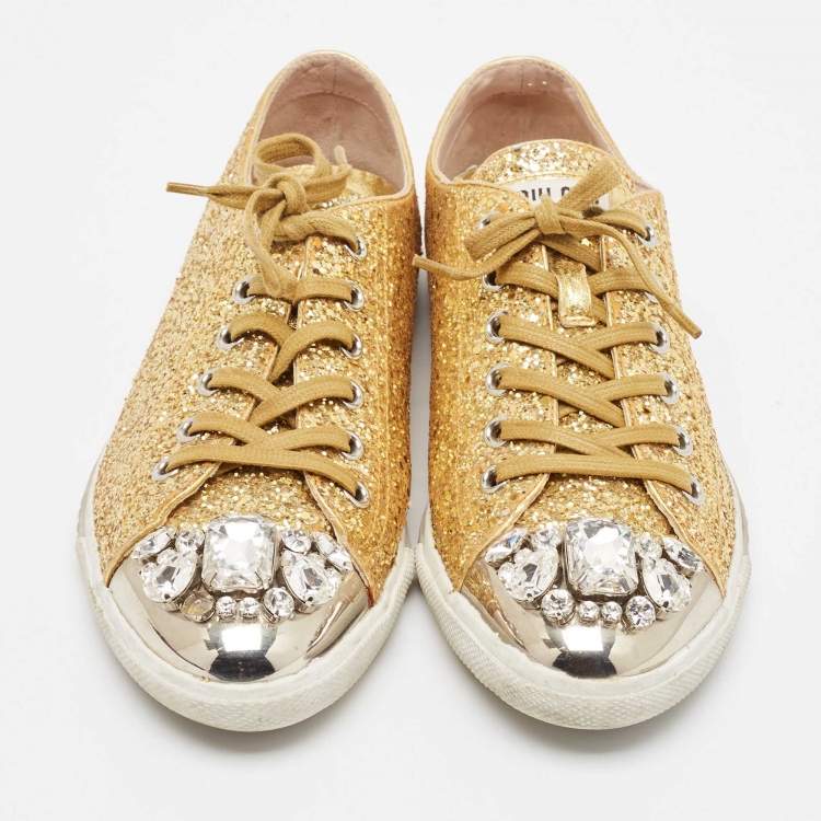 Pre Owned Miu Miu Gold Glitter and Leather Low Top Sneakers Size 39