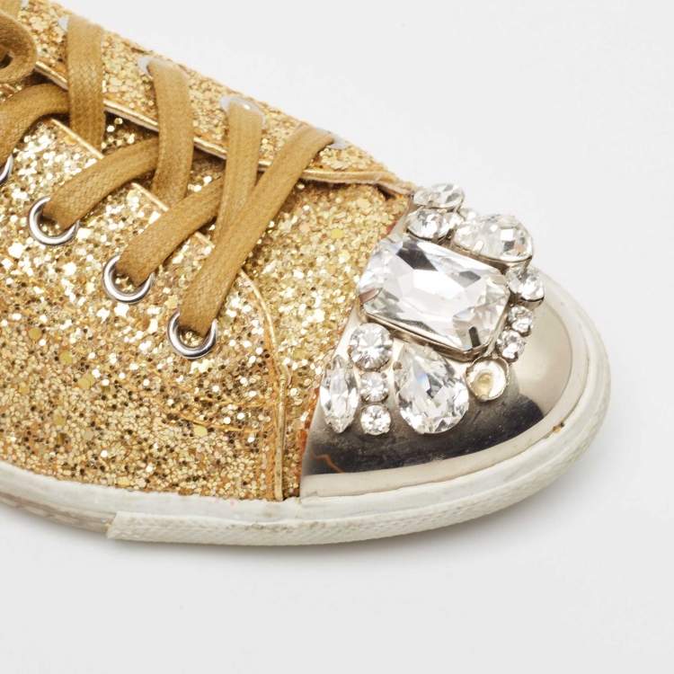 Pre Owned Miu Miu Gold Glitter and Leather Low Top Sneakers Size 39
