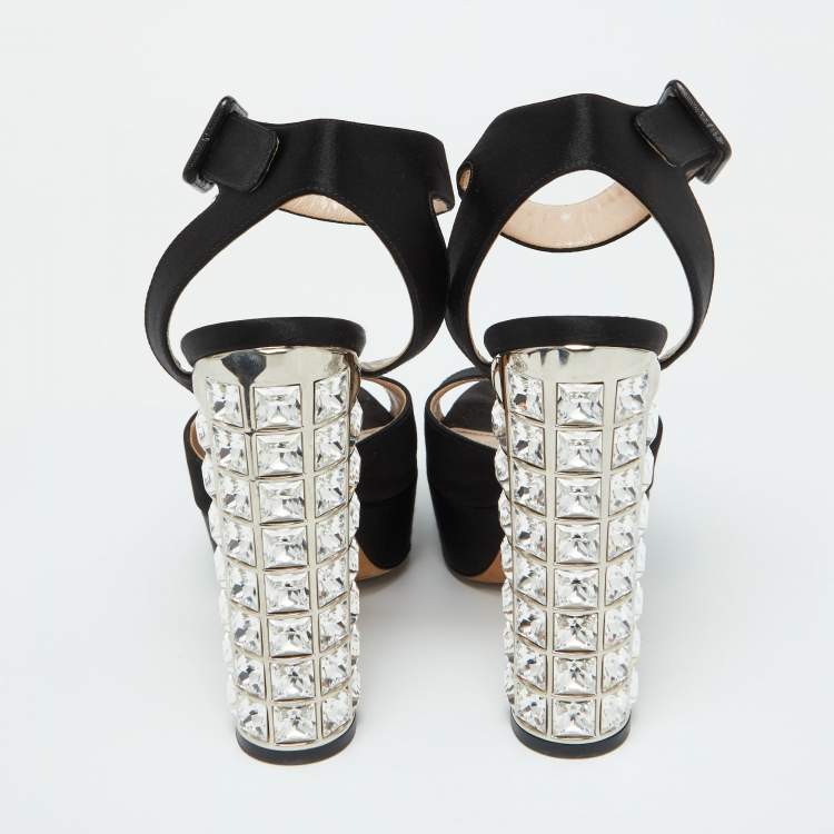 Pre Owned Miu Miu Black Satin Crystal Embellished Block Heel Platform Sandals Size 35.5