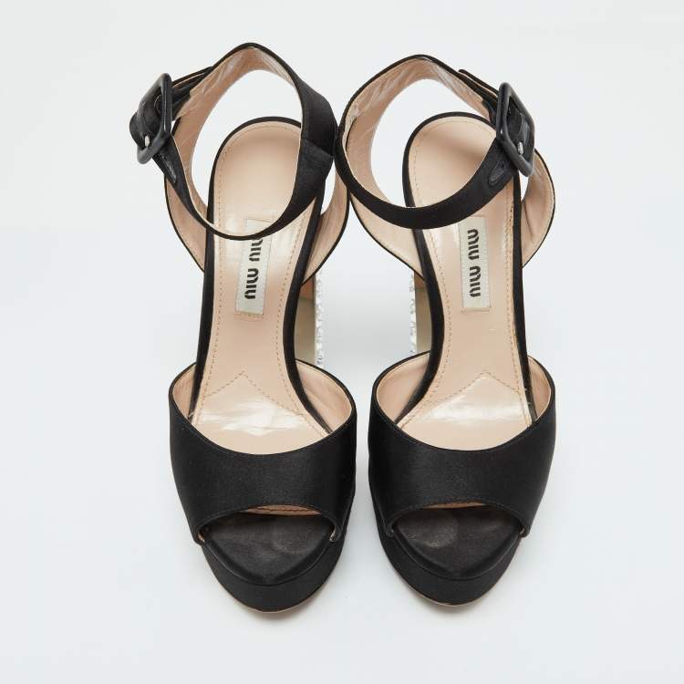 Pre Owned Miu Miu Black Satin Crystal Embellished Block Heel Platform Sandals Size 35.5