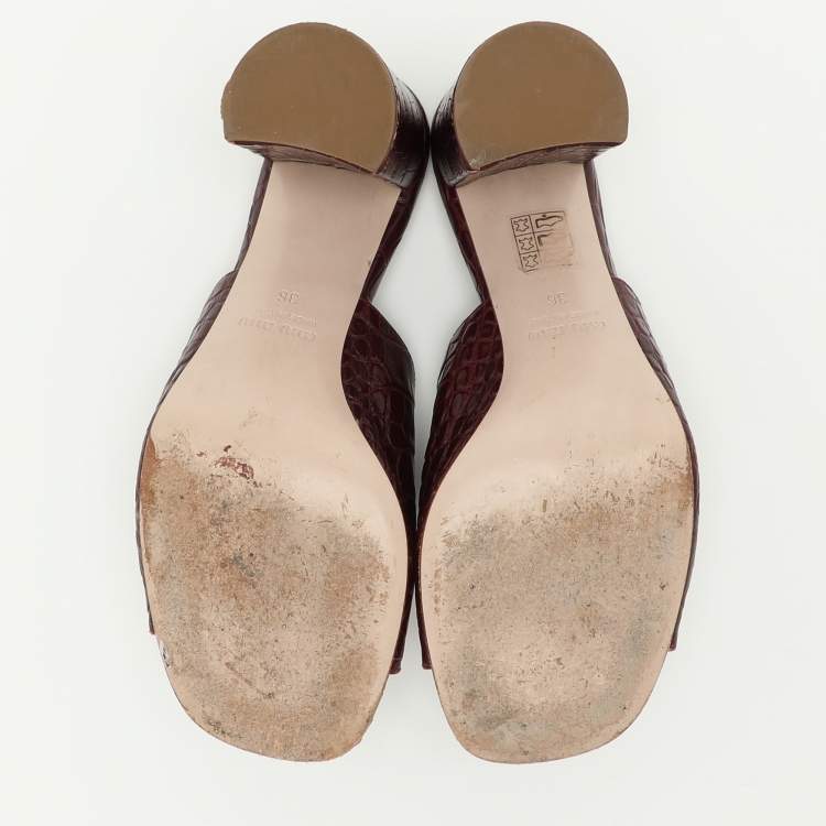Pre Owned Miu Miu Burgundy Croc Embossed Leather Embellished Slide Sandals Size 36