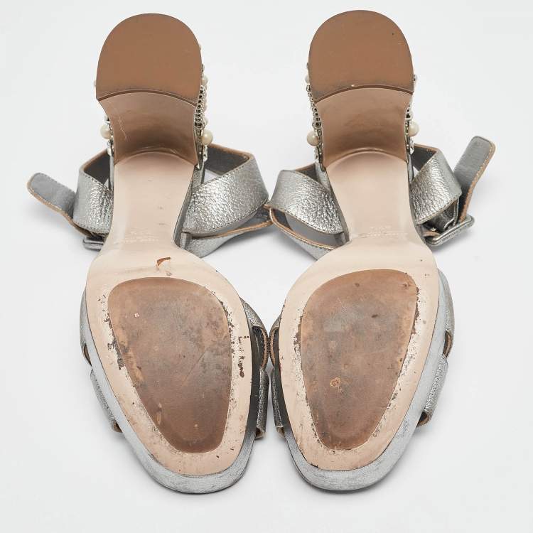 Pre Owned Miu Miu Silver Leather Crystal Embellished Block Heel Sandals Size 37.5