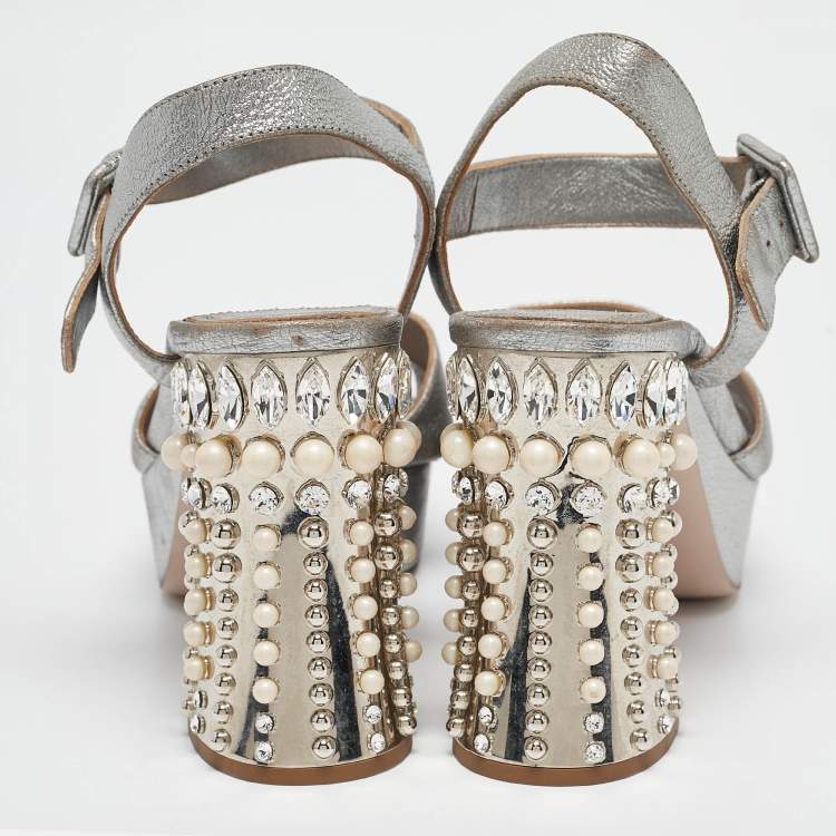 Pre Owned Miu Miu Silver Leather Crystal Embellished Block Heel Sandals Size 37.5