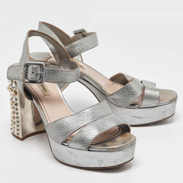 Pre Owned Miu Miu Silver Leather Crystal Embellished Block Heel Sandals Size 37.5