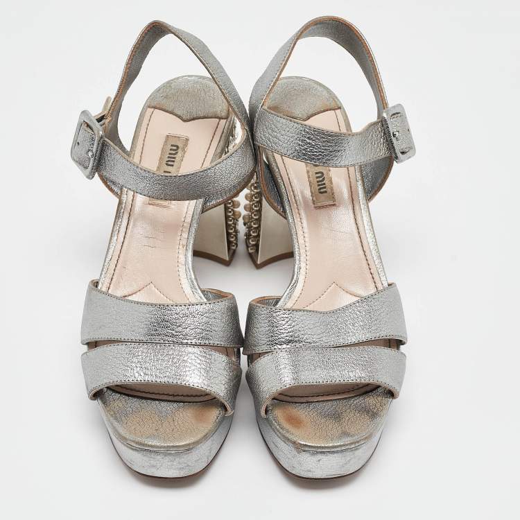 Pre Owned Miu Miu Silver Leather Crystal Embellished Block Heel Sandals Size 37.5