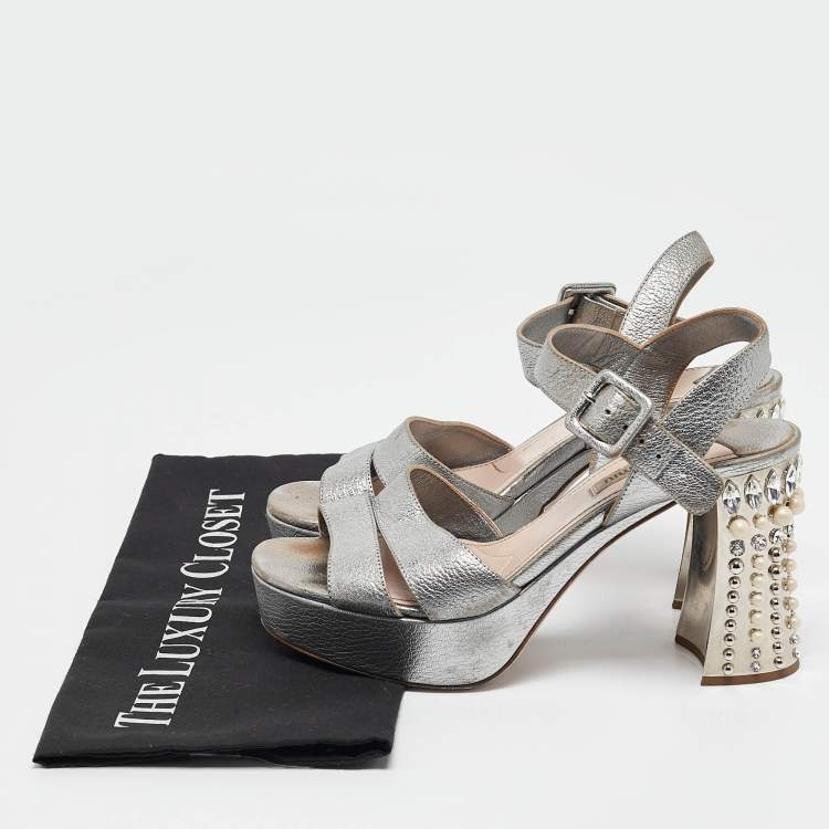 Pre Owned Miu Miu Silver Leather Crystal Embellished Block Heel Sandals Size 37.5