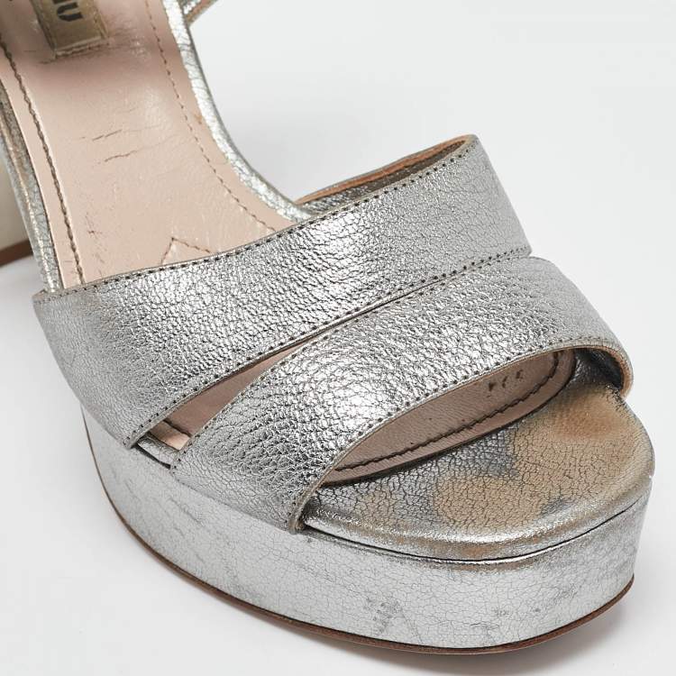 Pre Owned Miu Miu Silver Leather Crystal Embellished Block Heel Sandals Size 37.5