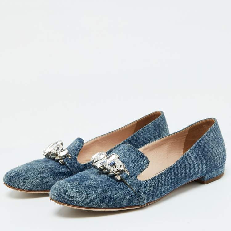 Pre Owned Miu Miu Blue Denim Crystal Embellished Smoking Slippers Size 38