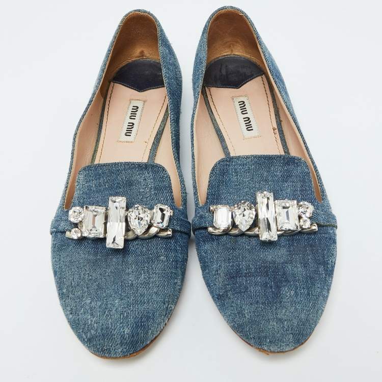 Pre Owned Miu Miu Blue Denim Crystal Embellished Smoking Slippers Size 38