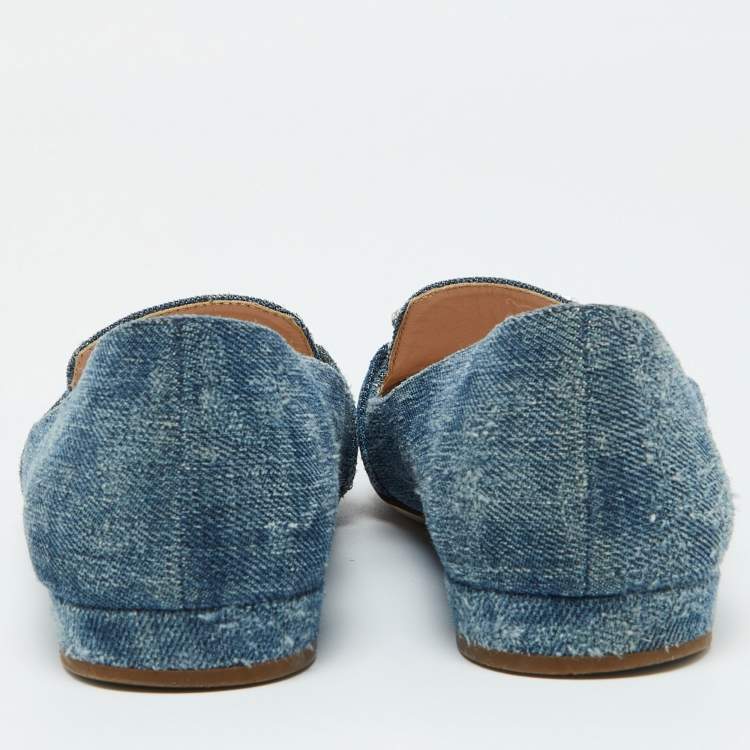 Pre Owned Miu Miu Blue Denim Crystal Embellished Smoking Slippers Size 38
