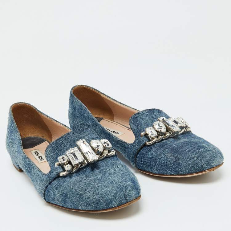 Pre Owned Miu Miu Blue Denim Crystal Embellished Smoking Slippers Size 38