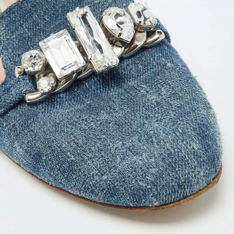 Pre Owned Miu Miu Blue Denim Crystal Embellished Smoking Slippers Size 38