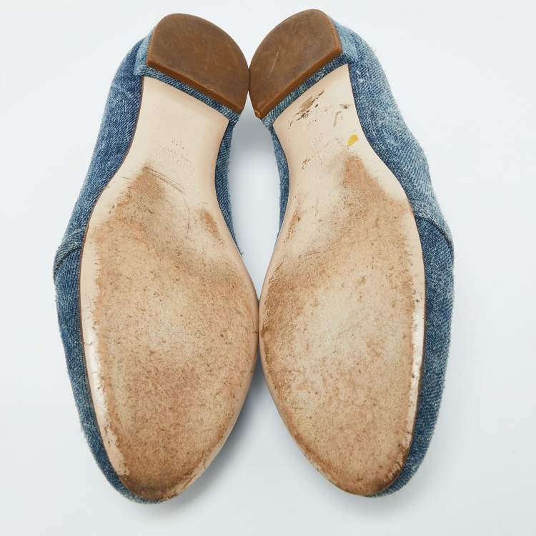 Pre Owned Miu Miu Blue Denim Crystal Embellished Smoking Slippers Size 38