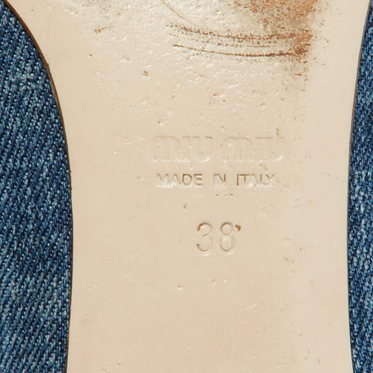 Pre Owned Miu Miu Blue Denim Crystal Embellished Smoking Slippers Size 38