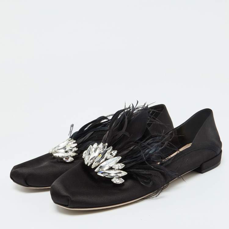 Pre Owned Miu Miu Black Satin Feather Crystal Embellished Smoking Slippers Size 38.5