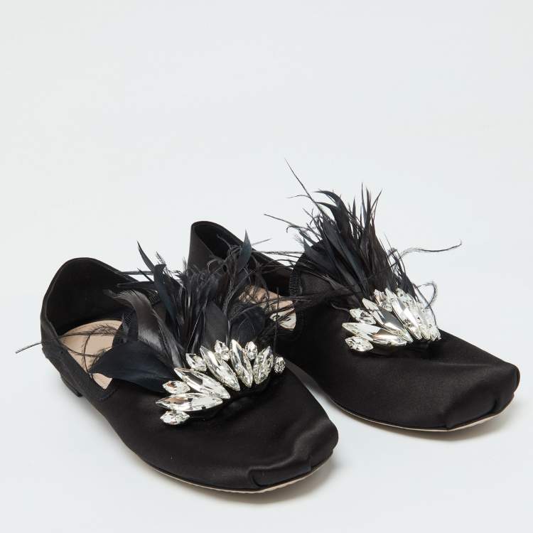 Pre Owned Miu Miu Black Satin Feather Crystal Embellished Smoking Slippers Size 38.5