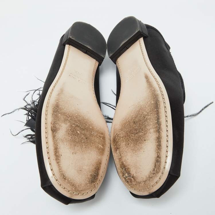Pre Owned Miu Miu Black Satin Feather Crystal Embellished Smoking Slippers Size 38.5