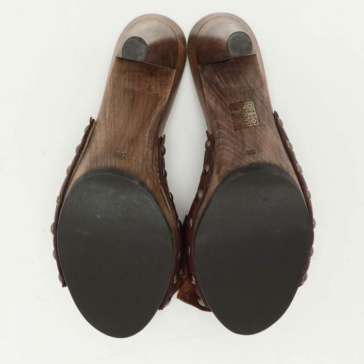 Pre Owned Miu Miu Brown Leather Wooden Clog Slide Sandals Size 39