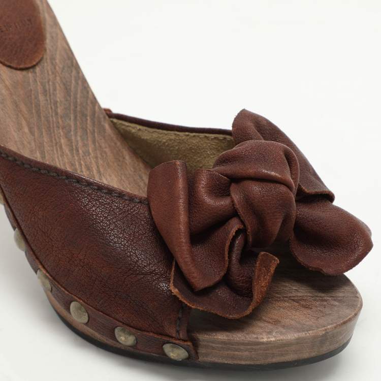 Pre Owned Miu Miu Brown Leather Wooden Clog Slide Sandals Size 39