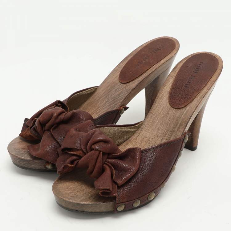 Pre Owned Miu Miu Brown Leather Wooden Clog Slide Sandals Size 39