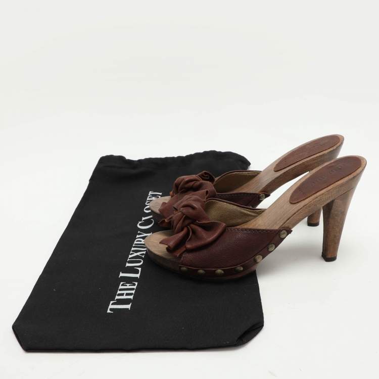 Pre Owned Miu Miu Brown Leather Wooden Clog Slide Sandals Size 39