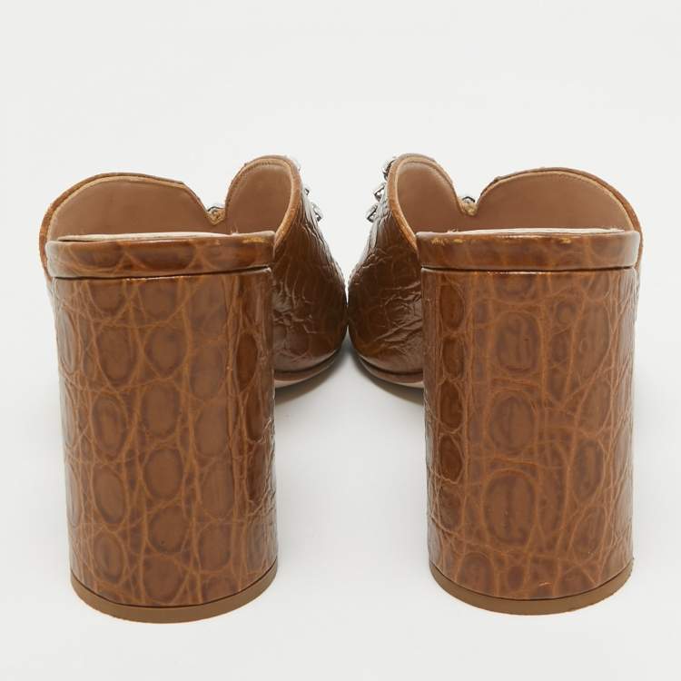مملوكة مسبقًا Miu Miu Brown Embossed Croc Crystal Embellished Slide Sandals Size 37