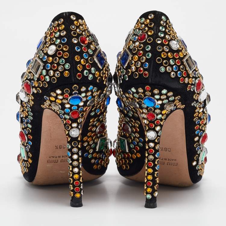 Pre Owned Miu Miu Black Suede Crystals Embellished Pumps Size 38.5